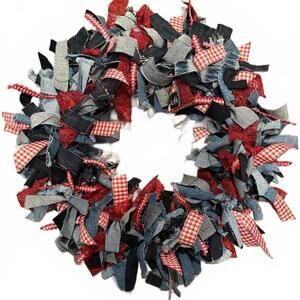 New Patriotic Rag Wreath 14" Red White Blue Denim Lace Distressed  Home Decor